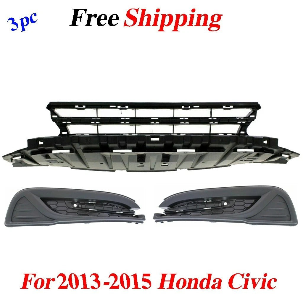 For 2013-2015 Honda Civic Sedan Front Bumper Grille Assembly + Fog Covers 3pc