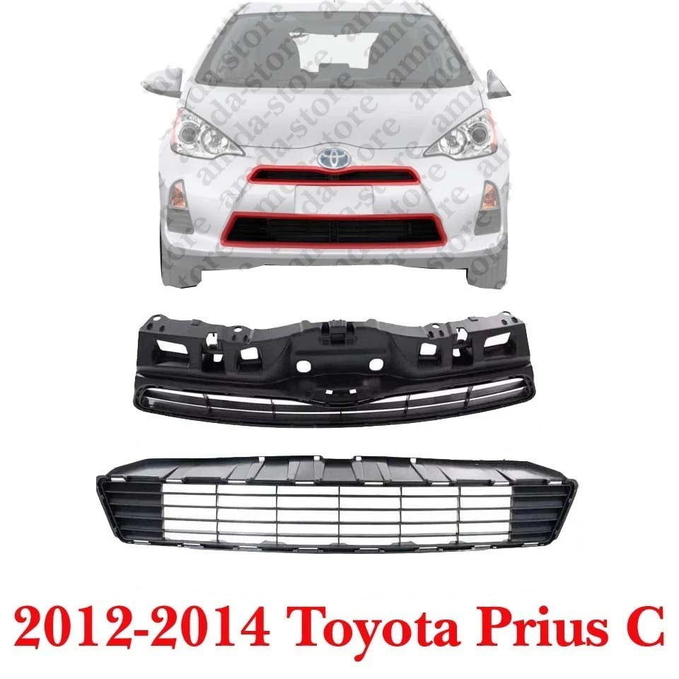 New Front Bumper Upper & Lower Grille Black 2pc Fits 2012-2014 Toyota Prius C TO1036135 TO1200353