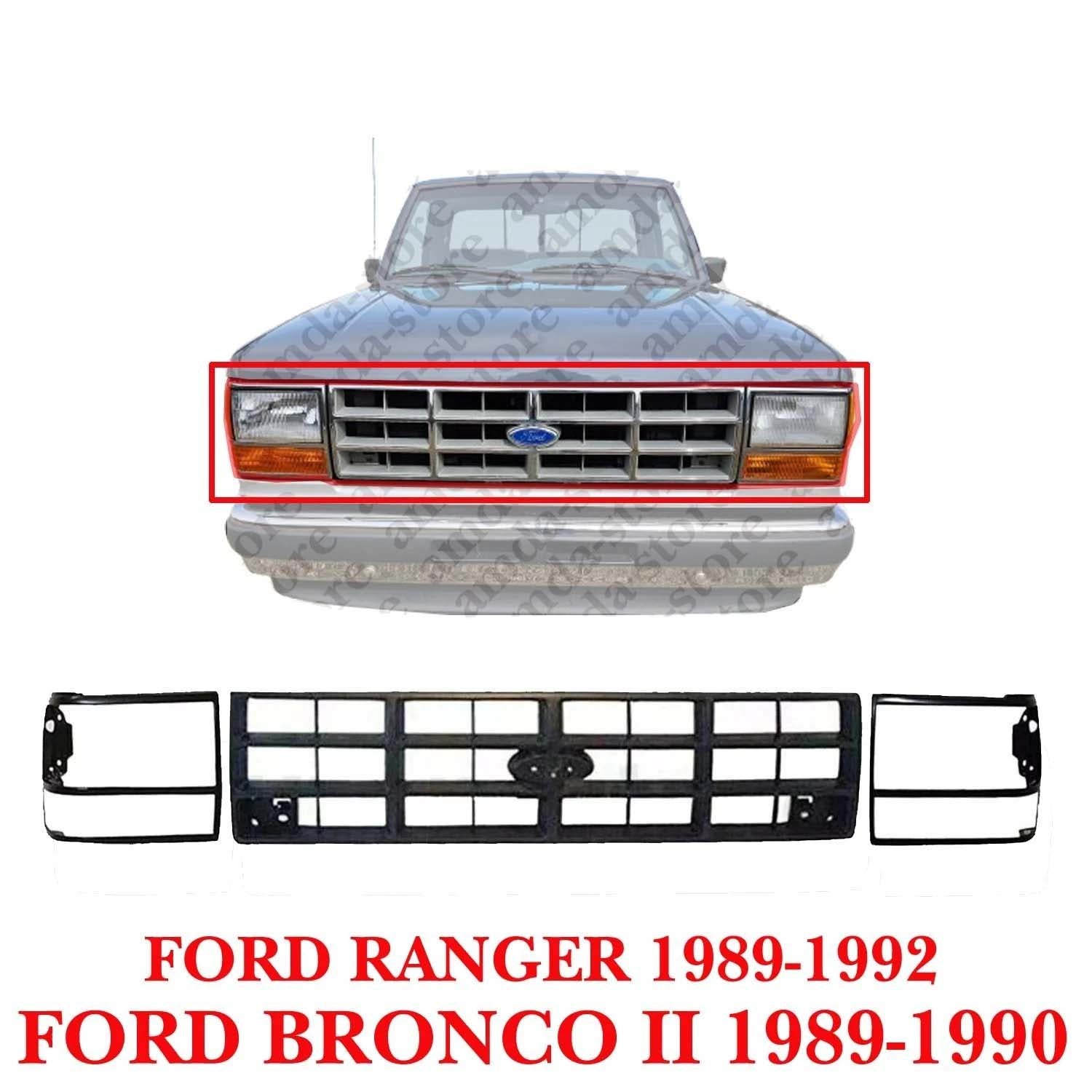 New Front Grille & Headlight Door Bezel Fits 1989-1992 Ford Ranger Black 3Pc