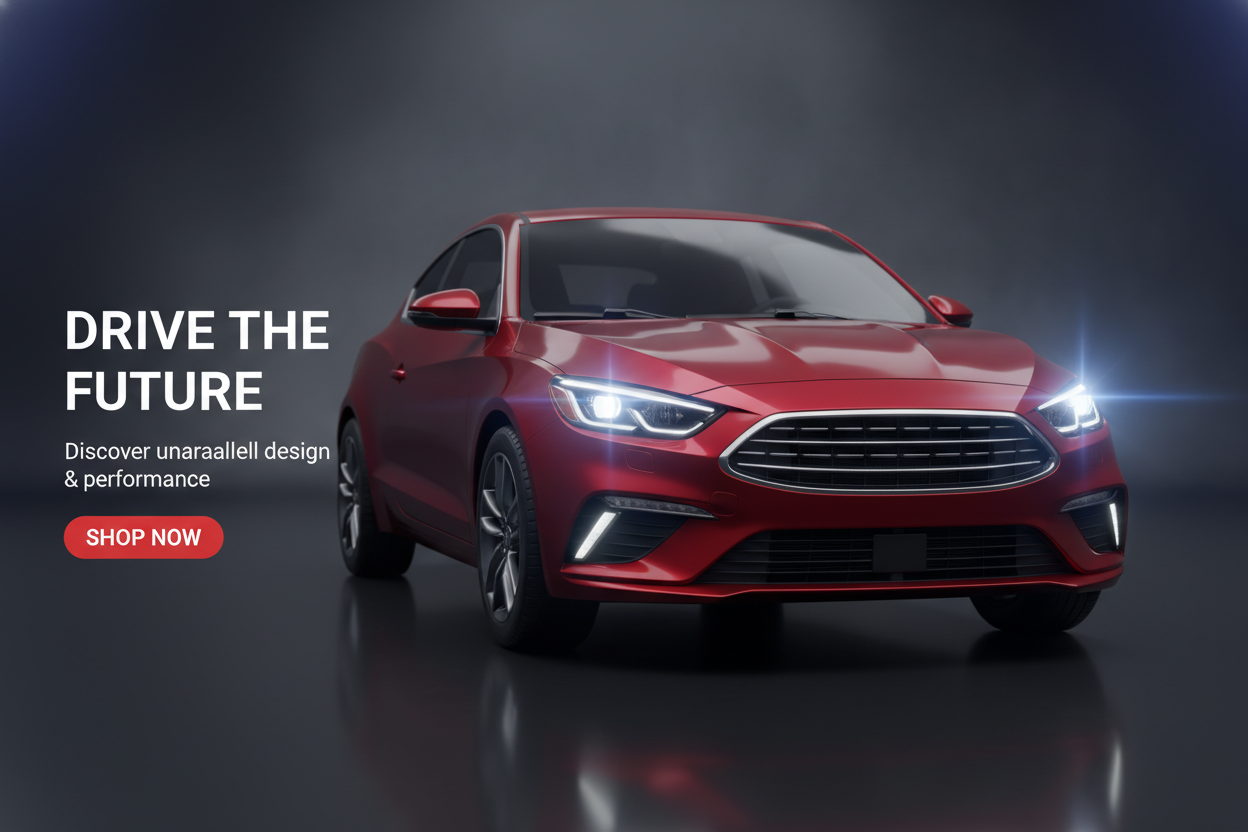 A high-resolution automotive hero banner designed for an e-commerce website. Show the front view of a modern compact car in red, positioned slightly to the right. The background should be dark, softly blurred, and gradient-based to keep the focus on the foreground elements. Add subtle reflections on the car’s hood and headlights to create a premium, glossy look.