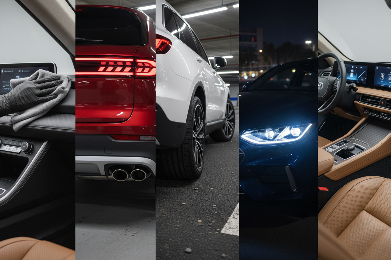 A horizontal collage of 5 high-quality automotive detail photos, modern clean aesthetic.
1st image: car interior dashboard being cleaned with microfiber cloth by hands wearing gloves, close-up.
2nd image: illuminated red LED tail light on a shiny red modern SUV in a parking garage, close-up.
3rd image: rear tire and exhaust pipe of a white SUV on asphalt road, low angle shot.
4th image: bright white/blue LED headlight of a dark blue modern car at night, glossy reflections, close-up.
5th image: clean luxury 