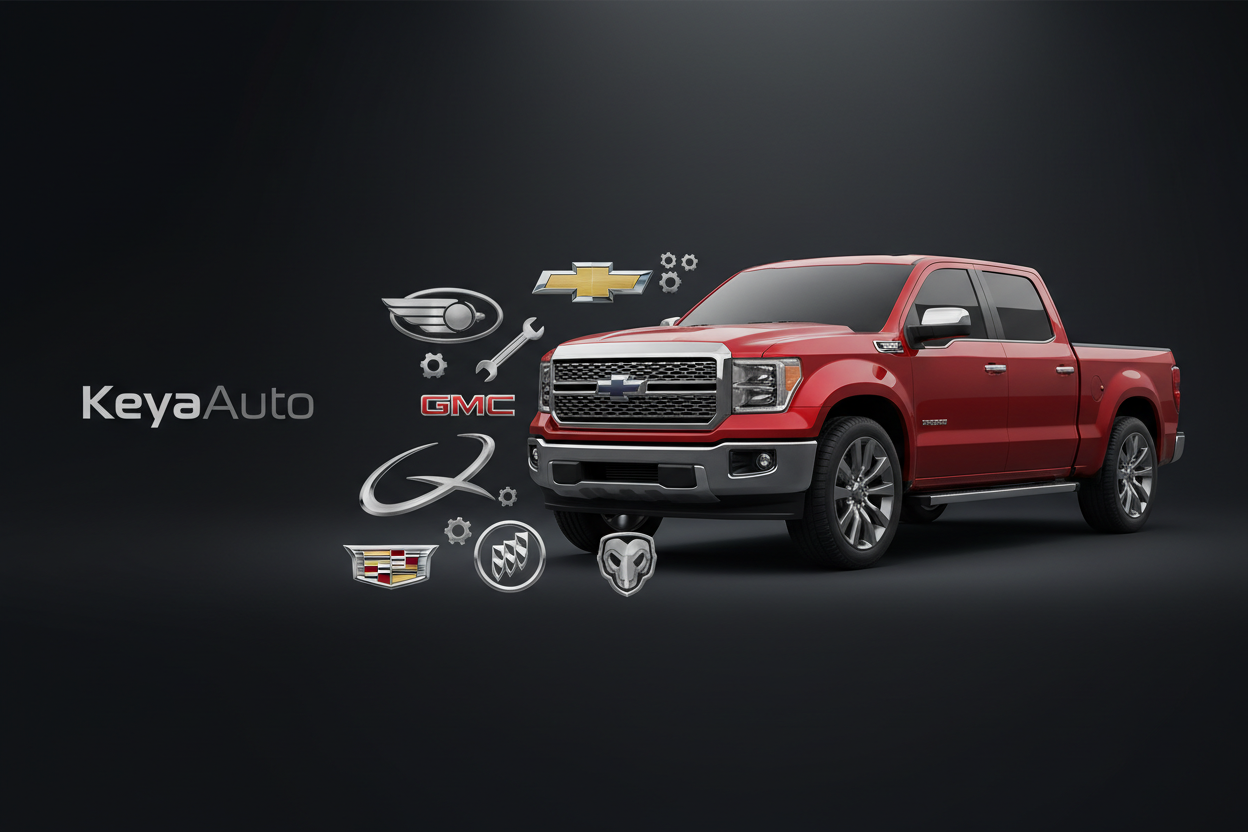 Create a high-resolution e-commerce hero banner template for KeyaAuto, specializing in American car parts. Show a sleek, modern pickup truck or SUV (red or metallic) prominently on the right side, positioned at a slight angle to showcase its front and side. The background should be dark, gradient-based with subtle soft lighting to highlight the vehicle and foreground elements. Include clean, metallic vector-style icons/logos inspired by American car brands: Ford, Chevrolet, GMC, Cadillac, Buick, Chrysler, D